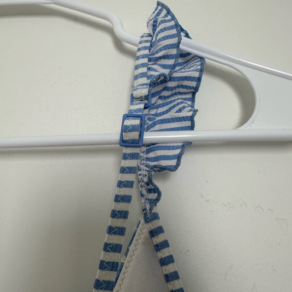 AERIE seersucker ruffle longline triangle bikini top plaid blue and white Size S - Picture 6 of 10